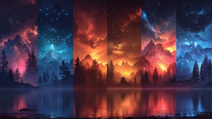 Poster - Devise a neon set of seasonal landscape symbols, including illuminated
