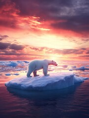 Aufkleber - Lonely polar bear stands on melting ice floe against vibrant sunset backdrop. Generative AI