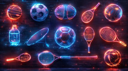 Create a neon collection of sports equipment symbols, featuring glowing