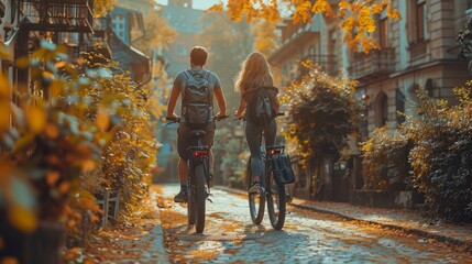 Poster - depict a couple leisurely exploring a new city on electric bicycles, pedaling through historic stree