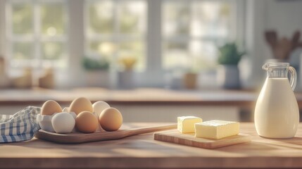 Poster - Gathering ingredients on a wooden kitchen counter for baking delights using eggs, milk, flour, and butter. Generative AI