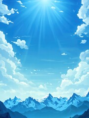 Poster - Majestic mountain peaks under a bright blue sky with clouds and sunlight illuminating the landscape. Generative AI