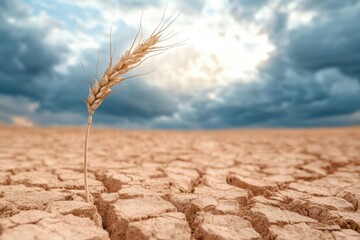 Aufkleber - Dry barren field showcases a lone stalk of withered wheat against a dramatic sky filled with storm clouds. Generative AI