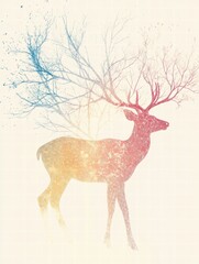 Aufkleber - Elegant illustrated deer with intricate branching antlers in pastel colors on a light background ideal for mock up design. Generative AI