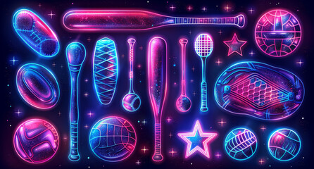 Poster - design a series of neon team sports symbols, including illuminated