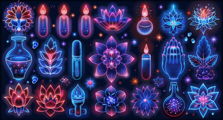 Poster - produce a neon set of alternative medicine symbols, including sparkling