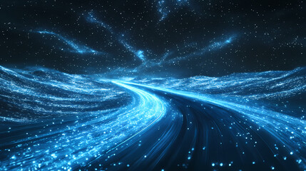 Sticker - Abstract digital art depicting a glowing blue highway stretching into a dark, starlit horizon. the light streaks create a sense of speed and movement. Starlit. Illustration