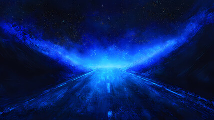 Sticker - Abstract digital art depicting a glowing blue highway stretching into a dark, starlit horizon. the light streaks create a sense of speed and movement. Starlit. Illustration