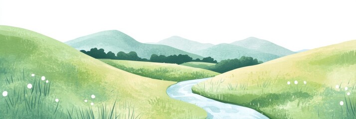 Aufkleber - Serene landscape with gentle hills and flowing river suitable for text placement in a naive art style. Generative AI