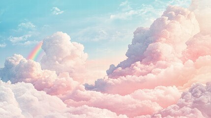 Aufkleber - Colorful naive art style background with fluffy clouds and soft rainbow appearing in a serene sky landscape. Generative AI