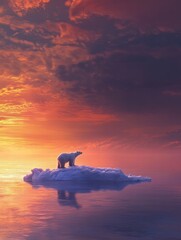 Aufkleber - Lonely polar bear on a small melting ice floe at sunset over calm waters. Generative AI