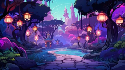 Wall Mural - Serene Asian Inspired Fantasy Forest Path With Lanterns