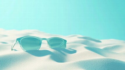 Aufkleber - Relaxing beach setting featuring stylish sunglasses resting on soft sand with clear blue sky in the background. Generative AI