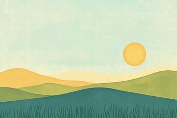Aufkleber - Bold sun setting over rolling hills with pastel colors creating a serene landscape backdrop for text placement. Generative AI