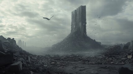Poster - Seagulls fly over a massive landfill with towering debris under a cloudy sky, providing room for text and design elements. Generative AI