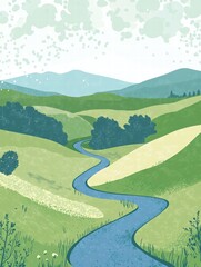 Aufkleber - Rolling hills with a winding river under a cloudy sky in a naive art style for creative mock up. Generative AI