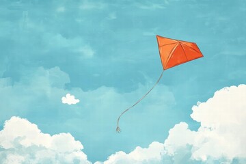 Poster - Orange kite soaring in a bright blue sky with fluffy white clouds during a sunny day, inviting carefree moments. Generative AI