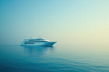Poster - Luxury cruise ship glides effortlessly across calm azure waters under a serene sky at dusk. Generative AI