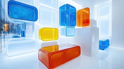 Sticker - Modern Artistic Display of Transparent Colorful Rectangles in Gallery