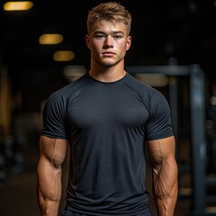 Sticker - man wearing black short-sleeved shirt and pants, standing in the gym with his hands on his hips