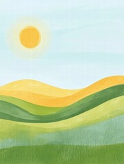 Poster - Vibrant naive art style landscape with rolling hills and sun, perfect for mock up or copy space for creative projects. Generative AI