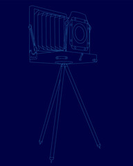 Poster - Blue drawing of a camera with a tripod. The camera is a vintage style and the tripod is blue contour