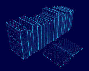 Poster - Stack of books is shown in a blue image. The books are arranged in a row, with the top book being the largest and the bottom book being the smallest. Concept of organization and order