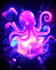 Wall Mural - A glowing neon octopus wrapped around a radiant treasure chest, its tentacles glowing in vibrant purple and orange, surrounded by swirling light trails and glowing bubbles in an underwater setting. 