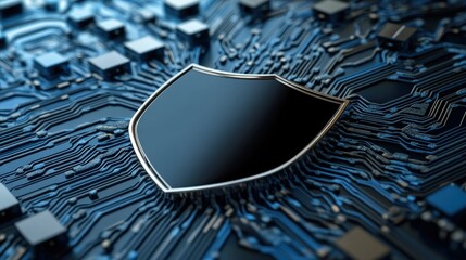 Aufkleber - Digital Shield on Circuit Board Background Representing Cybersecurity and Data Protection in a Technological Environment with Blue Tones and Modern Design