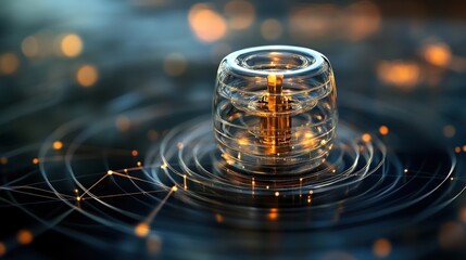 Fototapete - Glowing Transparent Orb Floating Above Abstract Swirls with Golden Particles and Light Trails in a Mystical Digital Environment