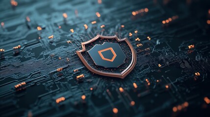 Poster - Abstract digital shield emblem with circuit board elements, representing security, protection, technology, and modern cybersecurity concepts in a futuristic setting