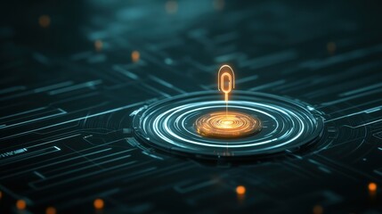 Poster - Abstract glowing point in digital landscape with lines and circles representing data flow, technology connection, and virtual navigation in futuristic environment