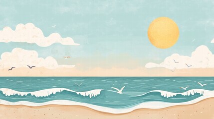 Aufkleber - Naive art style beach landscape featuring a sunny sky and tranquil waves perfect for text placement. Generative AI