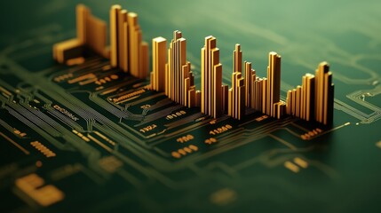 Poster - 3D Golden Graphs on Circuit Board Representing Financial Data and Technological Progress in Digital Economy and Data Analysis