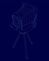 Poster - Blue photo of a camera with a blue lens. The camera is on a tripod and is in focus