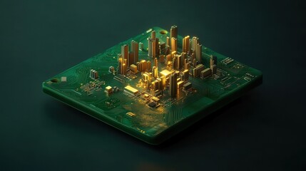 Poster - Intricate Golden Circuit Board Cityscape with Detailed Structures and Dramatic Lighting on a Green Background, Symbolizing Technology and Innovation