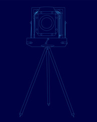 Poster - Blue drawing of a camera with a tripod. The camera is a vintage style and the tripod is blue