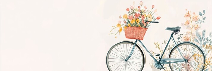 Aufkleber - Vintage bicycle sketch with a basket full of colorful spring flowers surrounded by soft pastel colors and ample space for text. Generative AI
