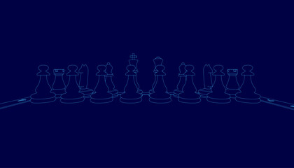 Poster - Blue background with a series of chess pieces. The chess pieces are arranged in a line, with some of them being closer to the top and others closer to the bottom. Scene is one of focus