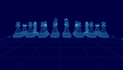 Fototapete - Blue chess board with a row of blue chess pieces. The chess pieces are arranged in a row, with some of them being closer to the viewer and others further away