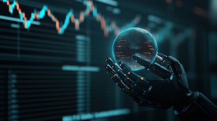 Poster - Futuristic robotic hand holding a digital globe with data overlay, symbols of global finance and technology in the background, representing innovation and transformation