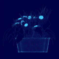 Poster - Blue image of a basket filled with flowers. The basket is placed on a blue background, creating a serene and calming atmosphere