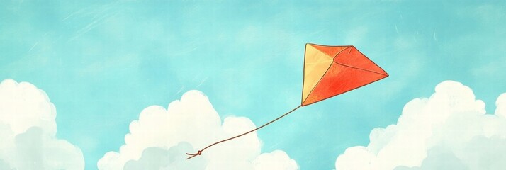 Aufkleber - Colorful kite soaring in a bright blue sky with fluffy clouds and plenty of copy space for creative designs. Generative AI
