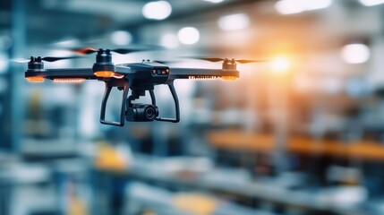 Poster - Aerial Drone Captured in Motion with Blurred Industrial Background, Showcasing Innovative Technology for Photography and Videography Applications