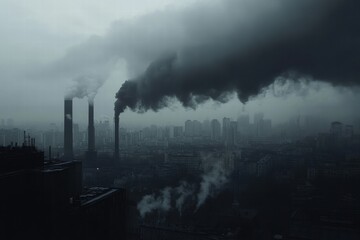 Poster - Industrial chimneys release thick black smoke into gray sky over cityscape during overcast weather. Generative AI