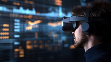 Poster - Man Engaged in Virtual Reality Experience with Headset and High-Tech Data Visualizations in Background, Exploring the Future of Digital Interaction and Technology
