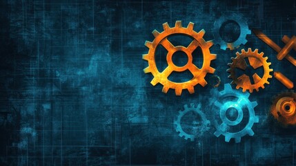 Gears on a blue background for industrial design.