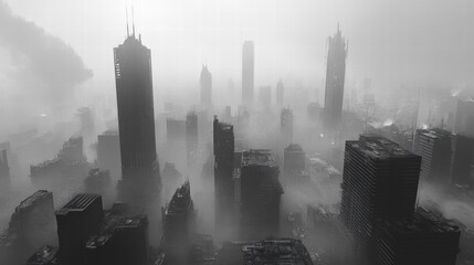 Aufkleber - Dense smog envelops sprawling city skyline, obscuring buildings and skyline outlines during early morning hours. Generative AI