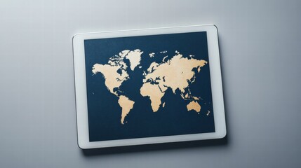 Aufkleber - Modern flat lay featuring a tablet with a world map design and ample copy space for text or graphics. Generative AI