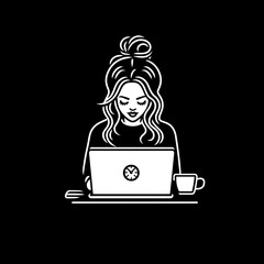 Poster - Woman working on laptop, bun hairstyle, coffee.